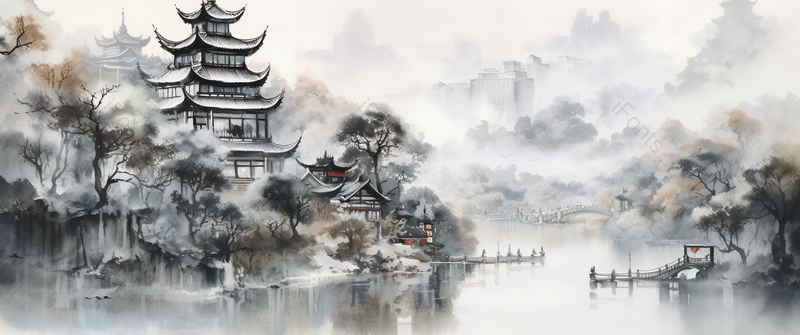 山水河流树木黑白淡彩意境中国风水墨画,插画/手绘图,插画/手绘图库,插画/手绘图下载,插画/手绘